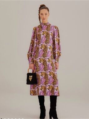 FARM Rio Lavender and Gold Tiger-Print Long Sleeve Midi Dress